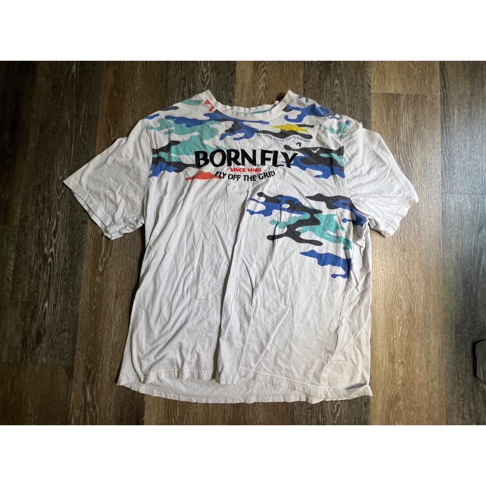 Born Fly T-Shirt Mens 3XL White Camo Graphic Fly Off The Grid Streetwear‎ Tee